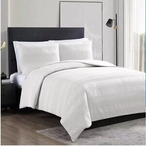 Vera Wang Queen White Waffle Stripe 3-Piece Cotton Duvet Cover Sham Set New